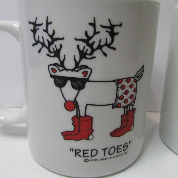 vtg lot of 2 Red Toes reindeer in red shocks and shades Christmas mugs 1995 Doze - Picture 2 of 7